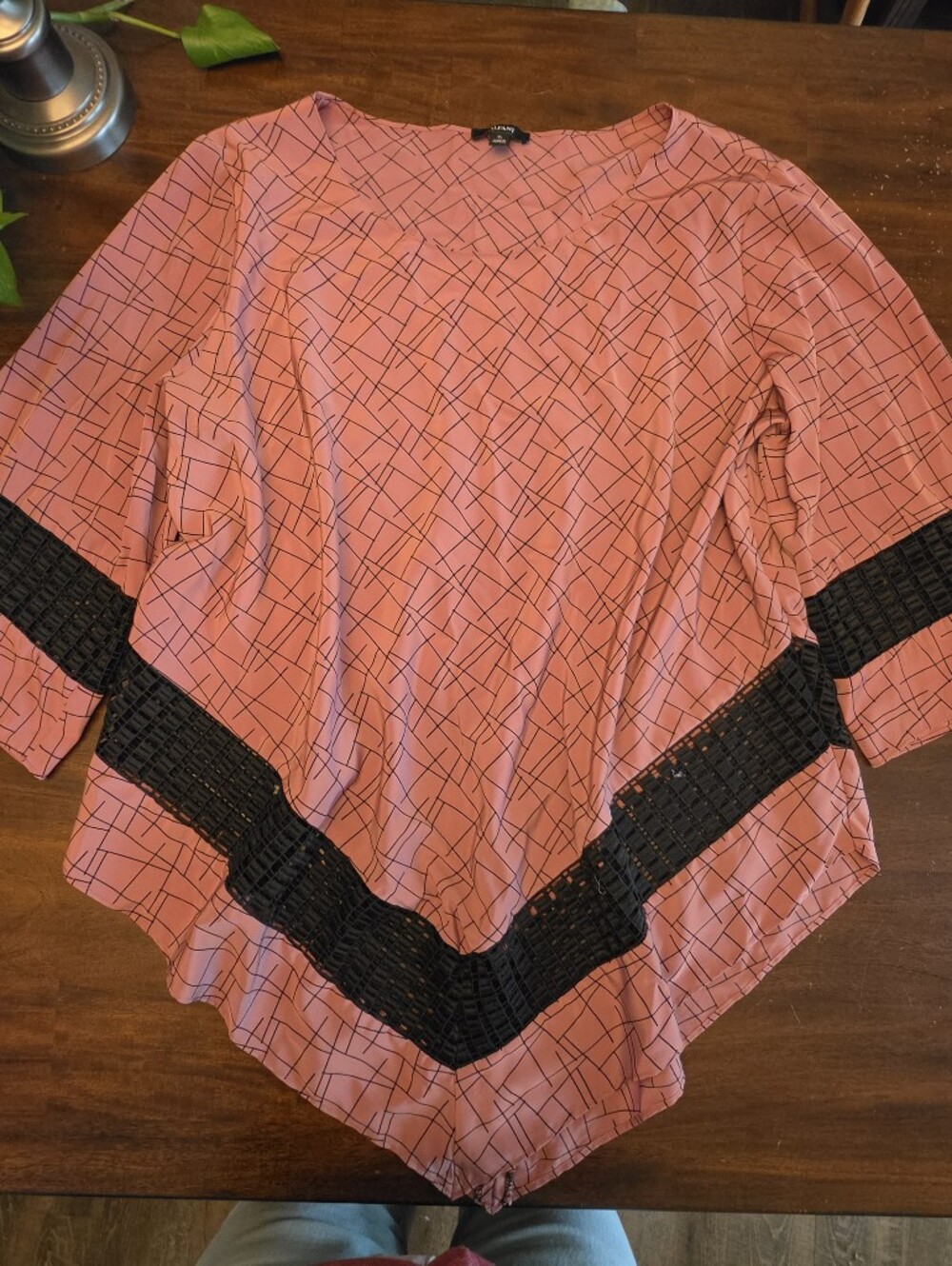 Alfani Pink & Black Geometric Chevron Mesh Trim Asymmetrical Tunic Top Blouse XL